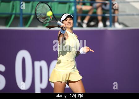 DOHA, KATAR - 12. FEBRUAR: Emma Raducanu aus Großbritannien im Kampf gegen Anhelina Kalinina aus der Ukraine in der ersten Runde am Tag 2 während der Qatar TotalEnergies Open, Teil der Hologic WTA Tour im Khalifa International Tennis and Squash Complex am 12. Februar 2024 in Doha, Katar (MB Media) Credit: MB Media Solutions/Alamy Live News Stockfoto