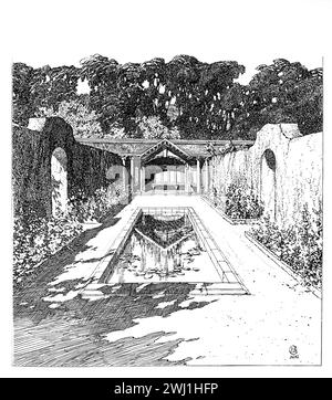 1901 Garden Shelter and Lilienteich at Three Gables, Biddenham, Bedordshire, Strichillustration, von Frederick Landseer Maur Griggs Stockfoto