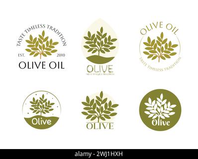 Satz von Vektorlogos des Olivenbaums mit Blättern. Moderne handgezeichnete Vektor-Olivenöl-Symbole. Branding-Konzept für Olivenölunternehmen, biologisch, umweltfreundlich Stock Vektor