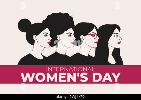 Internationales Frauentag-Konzept mit einer Gruppe verschiedener weiblicher Charaktere stehen zusammen. 8. März Weibliche Ermächtigung, Mädchenmacht und Schwesternschaft im Geheimen Stock Vektor
