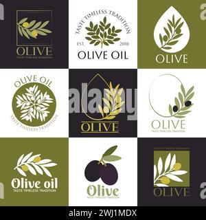 Satz von Vektorlogos von Olivenzweig, Baum, Blättern und Tropfen. Moderne handgezeichnete Vektor-Olivenöl-Symbole. Markenkonzept für Olivenölunternehmen, Bio Stock Vektor