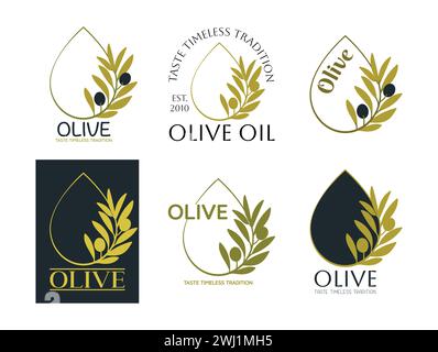 Satz von Vektorlogos von Olivenzweig mit Blättern und Tropfen. Moderne handgezeichnete Vektor-Olivenöl-Symbole. Markenkonzept für Olivenölunternehmen, Bio, Stock Vektor