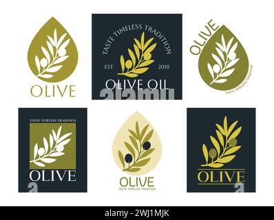 Satz von Vektorlogos von Olivenzweig mit Blättern und Tropfen. Moderne handgezeichnete Vektor-Olivenöl-Symbole. Markenkonzept für Olivenölunternehmen, Bio, Stock Vektor
