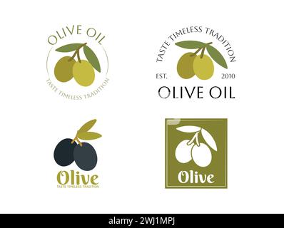 Satz von Vektorlogos von Oliven mit Blättern. Moderne handgezeichnete Vektor-Olivenöl-Symbole. Markenkonzept für Olivenölunternehmen, ökologisches, umweltfreundliches Öl Stock Vektor