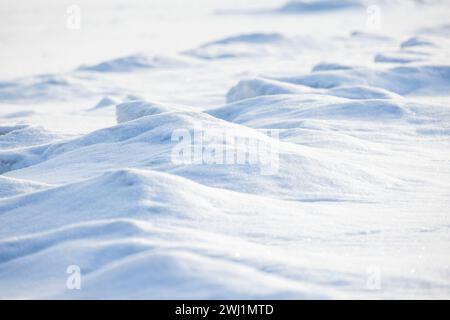 Wellige Schneeschwehloberfläche an einem sonnigen Tag, natürliches Hintergrundfoto mit selektivem Fokus Stockfoto