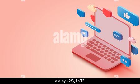 Isometrisches Notebook mit Chat-Blasen. Vektorabbildung Stock Vektor