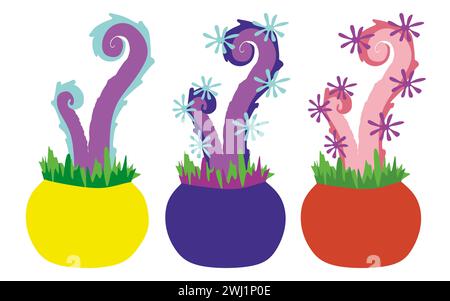 Tentakelpflanze im Blumentopf-Set. Element für Spiel mit Alien Fantasy Pflanzen isoliert auf weißem Hintergrund. Farborganismus, Monster, Kreatur mit Zelt Stock Vektor