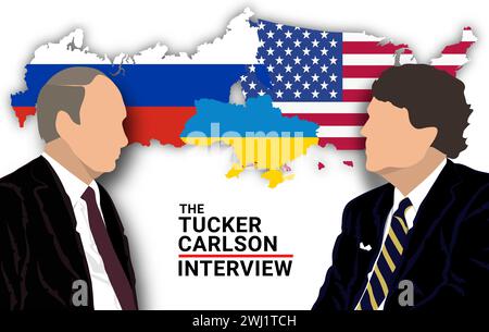 Februar 2024. Der amerikanische Journalist Tucker Carlson interviewte den russischen Präsidenten Wladimir Putin in Moskau. Stockfoto