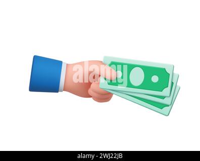Die 3D-Cartoon-Hand des Geschäftsmannes hält Banknoten. Konzept des Finanzgeschäfts mit Geldscheinen und Banknoten. 3D-Rendering. Vektorabbildung Stock Vektor