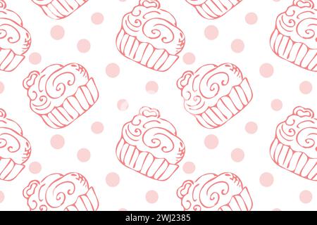 Handgezeichneter rosafarbener Cupcake und Punkte umreißen den Hintergrund für Bäckerei. Vektordarstellung isoliert. Muster kann für Grußkarte, Einladung, Menühintergrund, Poster, Textil, Geschenkpapier, Festbanner Stock Vektor