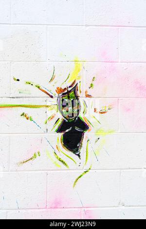 Graffiti-Gemälde an einer Wand, hinterlassen von einer unbekannten jungen Künstlerin. Eine schwarz-grüne Figur, die entweder brüllt oder sehr beunruhigt an einer weißen Wand steht. Stockfoto