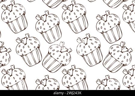 Hand gezeichneter Cupcake-Doodle-Hintergrund für Bäckerei. Vektordarstellung isoliert. Muster kann für Grußkarte, Einladung, Menühintergrund, Poster, Textil, Geschenkpapier, Festbanner Stock Vektor