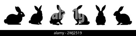 Set mit Kaninchen-Silhouetten. Osterhasen. Isoliert auf weißem Hintergrund. Eine einfache schwarze Ikonen von Hasen. Niedliche Tiere. Ideal für Logo, Emblem, Piktogramm, Stock Vektor