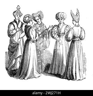 Frauenkostüme in der Zeit Heinrichs VI. Von England. Black-and-White-Illustration aus dem „Old England“, veröffentlicht von James Sangster im Jahr 1860. Stockfoto