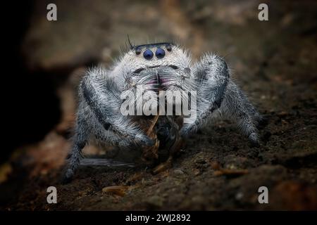 Springende Spinne mit schwarzem Hintergrund Stockfoto