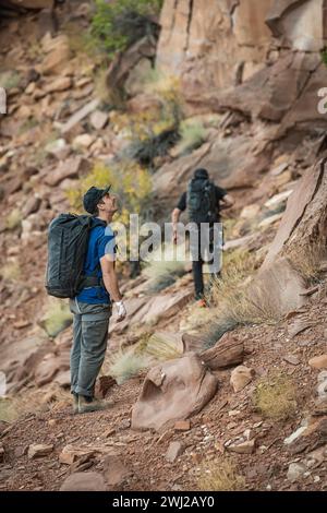 Männliche Bergsteiger mit Rucksäcken beim Wandern in der Wüste Stockfoto