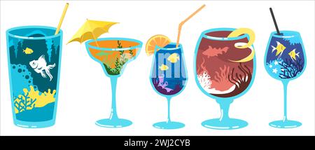 Sommer-Cocktailgetränke mit wunderschönem Unterwasser-Design Stock Vektor
