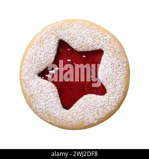 Traditioneller Weihnachtslinzer Cookie mit Himbeermarmelade isoliert auf weißem Hintergrund. Homemad-Kekse aus nächster Nähe Stockfoto