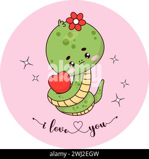 Süßes Schlangenmädchen mit Herz. Reptil-Kawaii-Charakter. Romantische Karte Ich liebe dich. Vektorabbildung. Cartoon Liebesschlange für Valentinstag, Weihnachtskarte Stock Vektor