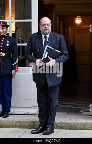 Justizminister Eric Dupond-Moretti während eines „Arbeitsseminars“ mit dem französischen Premierminister am 10. Februar 2024 im Hotel Matignon in Paris. Stockfoto