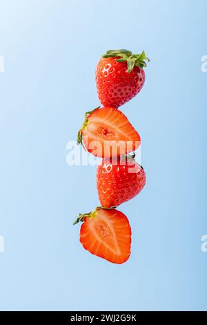 In Stücke geschnitten und ganze Erdbeeren hintereinander auf blauem Hintergrund, eine Kopie des Raumes. Leckeres und gesundes Essen. Natürliche Vitamine. Sommerdiät f Stockfoto