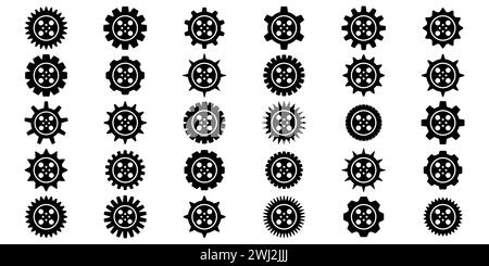 Symbolsatz Gänge. Symbol für Gangeinstellung. Sammlung mechanischer Zahnräder. Einfache Zahnradsammlung. Zahnradsymbole. Vektordarstellung mit Zahnrädern Stock Vektor