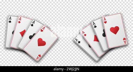 Fans von Karten mit Handspielen. Asse mit dem Anzug aus Herzen, Schlägern, Diamanten und Pik. Vetor-Abbildung. Poker- oder Casino-Konzept. Transparenter Hintergrund Stock Vektor