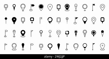 Schwarzes Positionsstift-Symbol festlegen. Markierung für Stiftplatzierung zuordnen. Zielsymbol, Positionssymbol. Modern Map Marker Pointer Logo-Set. Sammlung der GPS-Pin-Symbole Stock Vektor