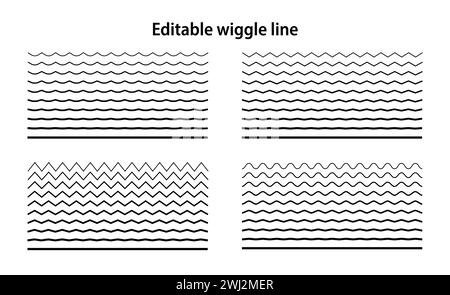 Bearbeitbare Wackellinien. Set aus welligen Kurven und sich schneidenden horizontalen Konturen im Zickzack. Übergang von einer geraden zu einer wellenförmigen Linie. Geometrisches Design Stock Vektor