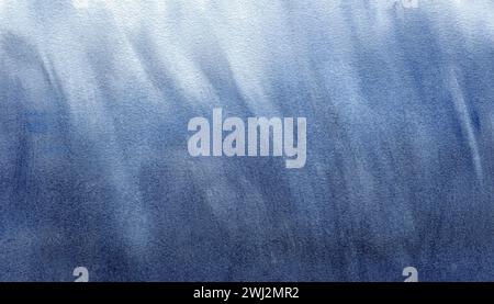 Abstrakter blauer Hintergrund. Horizontaler Fleckenhintergrund, Meeresstruktur. Aquarellabbildung. Simuliertes Wasser, Ozean, stürmischer Himmel, Dunkelblau. Stockfoto