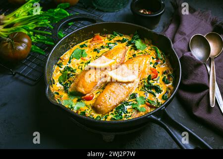 Rotes Curry mit Spinat, Kokosmilch und gebackenem Fisch in einer Pfanne Stockfoto