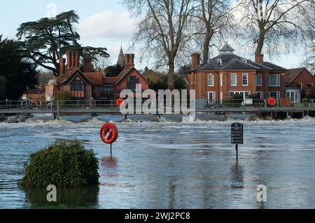 Marlow, Großbritannien. Februar 2024. Hochwasser auf dem Gelände des MacDonald Compleat Angler Hotels in Marlow neben Marlow Weir. Die Themse hat ihre Ufer in Marlow, Buckinghamshire, geplatzt. Für die Themse von Hurley nach Cookham, einschließlich Harleyford, Bisham, Marlow und Bourne End, gibt es einen Hochwasseralarm. Quelle: Maureen McLean/Alamy Live News Stockfoto