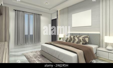 Modernes Schlafzimmer-Design mit Queen-Size-Kissen-Bett und Wandpaneel Hintergrund Dekoration Stockfoto
