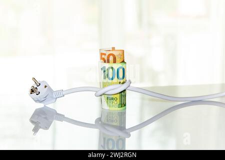 Euro-Banknoten, die mit einem Netzstecker gebunden sind. Konzept der Stromeinsparung zu Hause. Elektrizität Stockfoto