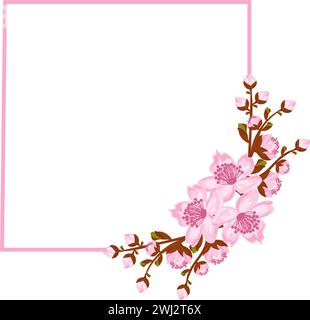 Quadratischer Rahmen mit Anordnung der Zweige Sakura oder Kirschblüte. Design für Einladungs- oder Grußkarten. Vektorabbildung Stock Vektor