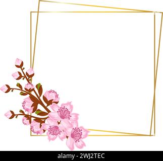 Goldener Rahmen mit Anordnung von Zweigen Sakura oder Kirschblüte. Design für Einladungs- oder Grußkarten. Vektorabbildung Stock Vektor