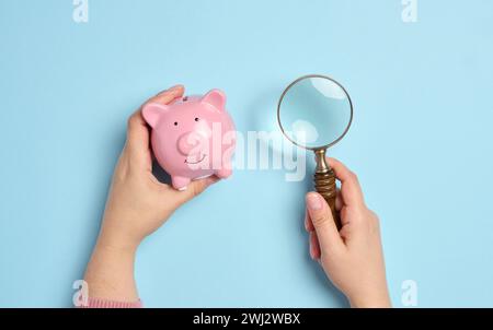 Die Hand einer Frau hält eine Schweinebank und eine Lupe auf blauem Hintergrund Stockfoto