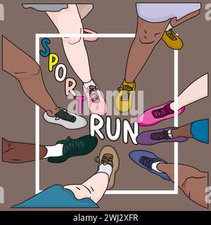 SPORTLAUF mit Zeichentrickillustration von Füßen mit Schuhen, Sportgemeinschaft, Vektor-Zeichentrickschuhe, Ansicht von oben Stock Vektor