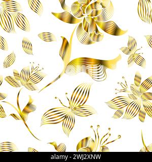 Goldene Blumen auf weißem Hintergrund. Nahtloses Muster. Handzeichnung. Nicht AI, Vektorillustration Stock Vektor