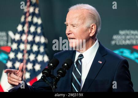 Washington, Usa. Februar 2024. Präsident Joe Biden sprach auf der Legislativkonferenz der National Association of Counties im Washington Hilton in Washington, DC. (Foto: Michael Brochstein/SIPA USA) Credit: SIPA USA/Alamy Live News Stockfoto