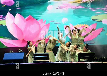 Trafalgar Square, London, UK, 11. Februar 2024: Tanz: Die Hangyu Tanzgruppe Lotus Picking tritt beim Neujahrsfest 2024 auf. Dieses Jahr ist eine spektakuläre Show zum Neujahrsfest 2024. Die CPC sponsert die gesamten Aufführungen, die aus Peking und Guangzhou kommen. Das Mondneujahr ist auch als chinesisches Neujahr oder Frühlingsfest bekannt. Die chinesische Feier in London zog Tausende von Menschen an. Erleben Sie traditionelle Drachen- und fliegende Löwentänze und unterhaltsame Bühnenaufführungen aus China, einschließlich Peking Oper und Akrobatik, Kampfkunst-Ausstellungen und antike Magie in London, Großbritannien Stockfoto