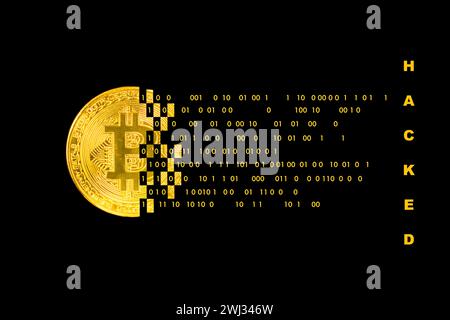Codierung, Hacker-Mining von Kryptowährungs-Bitcoin mit Technologie-Binärcode. Digitale Binärdaten an Stockfoto