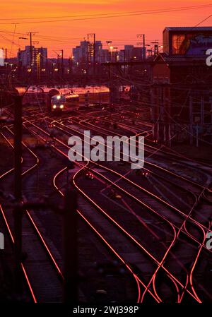 Hochwinkelansicht vieler Gleise mit lokalem Zug bei Sonnenuntergang, Frankfurt am Main, Deutschland, Europa â€‹ Stockfoto