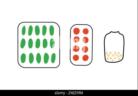 Bunte Kritzeleien Set von Pillen und Drogen. Isolierte Illustrationen. Stock Vektor