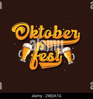 Oktoberfest Retro-Stil handgezeichneter Schriftzug mit Bierbecher Vektor-Illustration. Das Oktoberfest feiert im Oktober das deutsche Traditionsfest. Stock Vektor