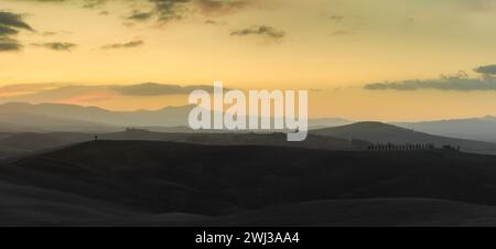 Panoramablick auf sanfte Hügel in der Toskana bei Sonnenaufgang Stockfoto