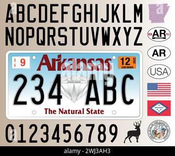 Arkansas Autokennzeichen Muster, Buchstaben, Zahlen und Symbole, Vektorillustration, USA Stock Vektor