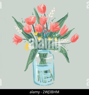 Frühlingsillustration mit einem Strauß von roten frischen Tulpen in Glasvase von blauem Wasser auf hellgrünem Hintergrund Stockfoto