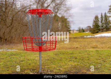 Red Disc Golftor, Netz, Stangenloch, Einklemmkorb an einem rohen Wintertag. Stockfoto