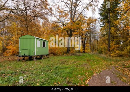 Bauwagen in einer Waldlichtung Stockfoto